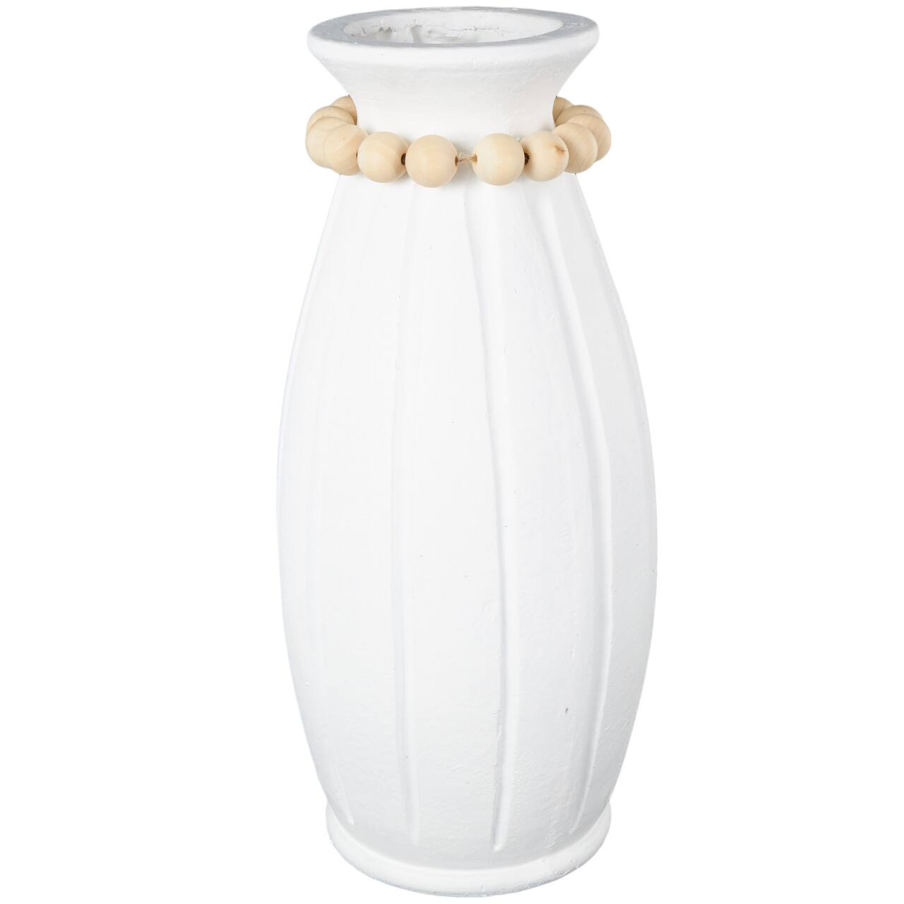 20" White Magnesium Oxide Decorative Vase with Light Brown Beads & Carved Grooves